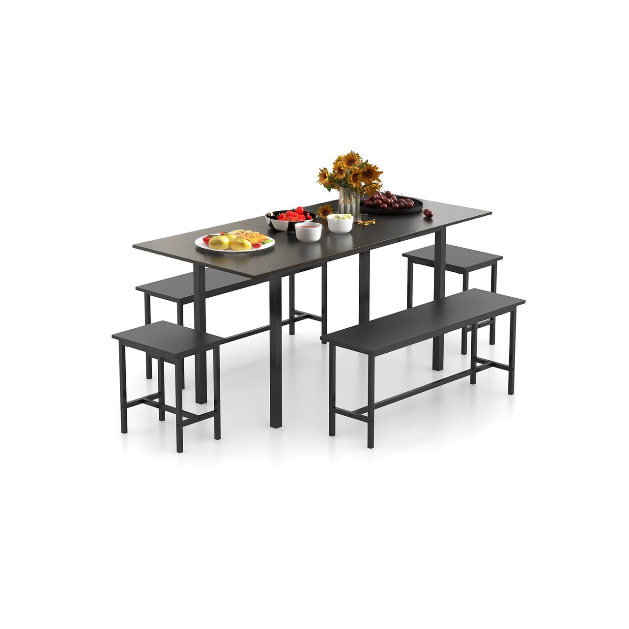 5 Piece Dining Table Set for 4-6, Includes 2 Benches & 2 Stools, Ideal for Kitchen & Dining Room